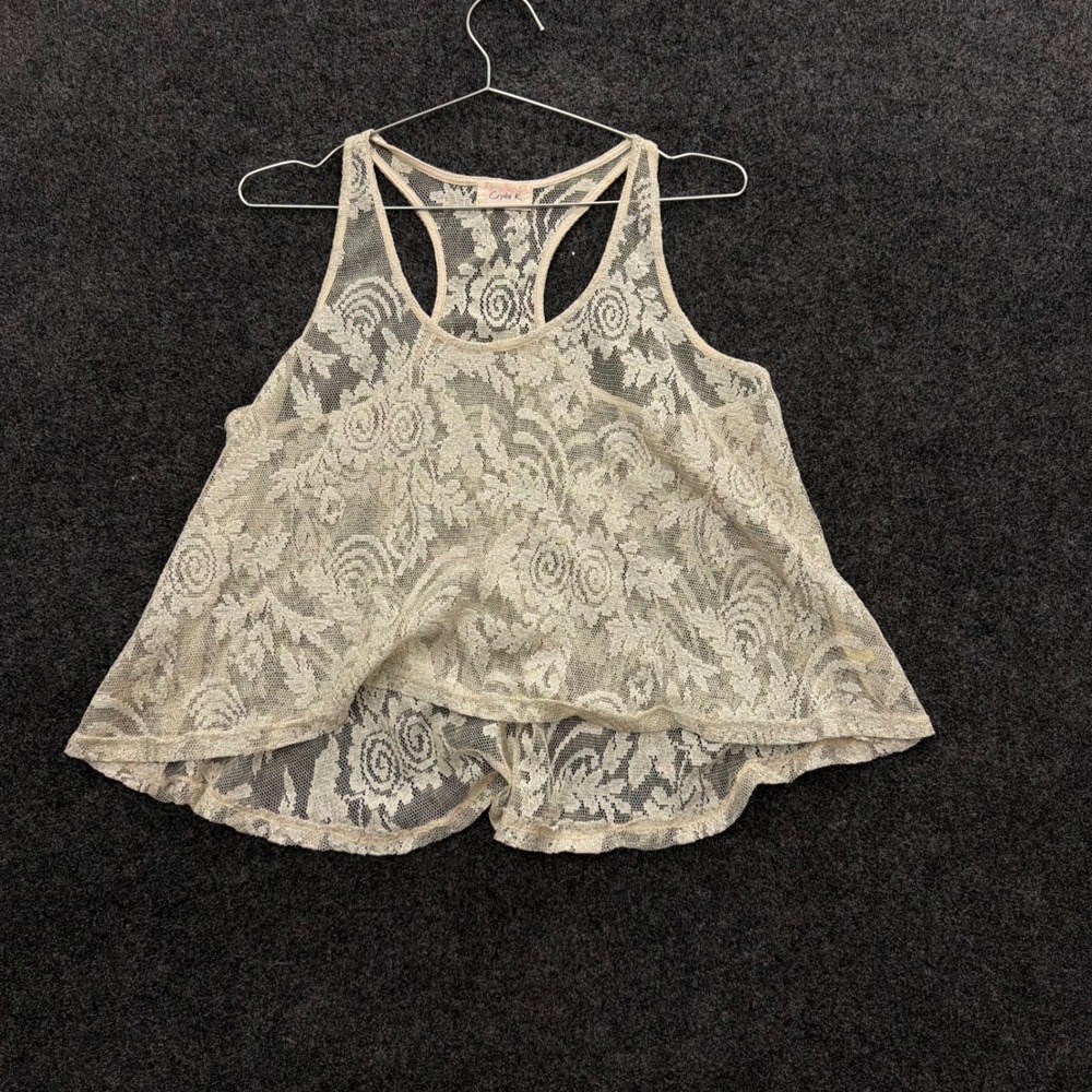 Crystal K Vintage Sheer Gold White Floral Lace Racerback Tank Top Metallic USA